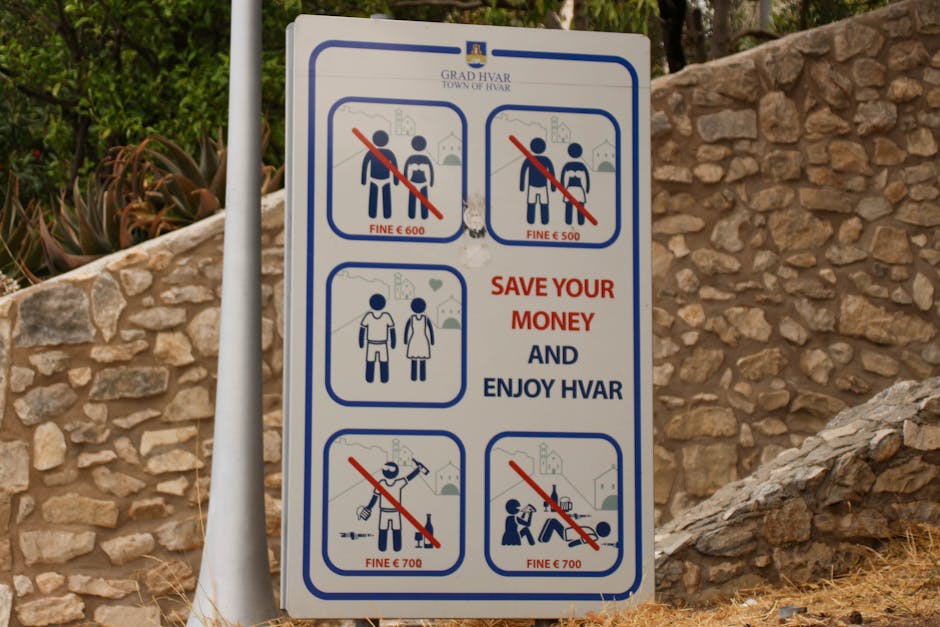 A rectangular signboard presenting rules and fines for behavior within Hvar Town, Croatia, mounted on a white metal pole against a backdrop of a stone wall and greenery. The sign features six cartoon-