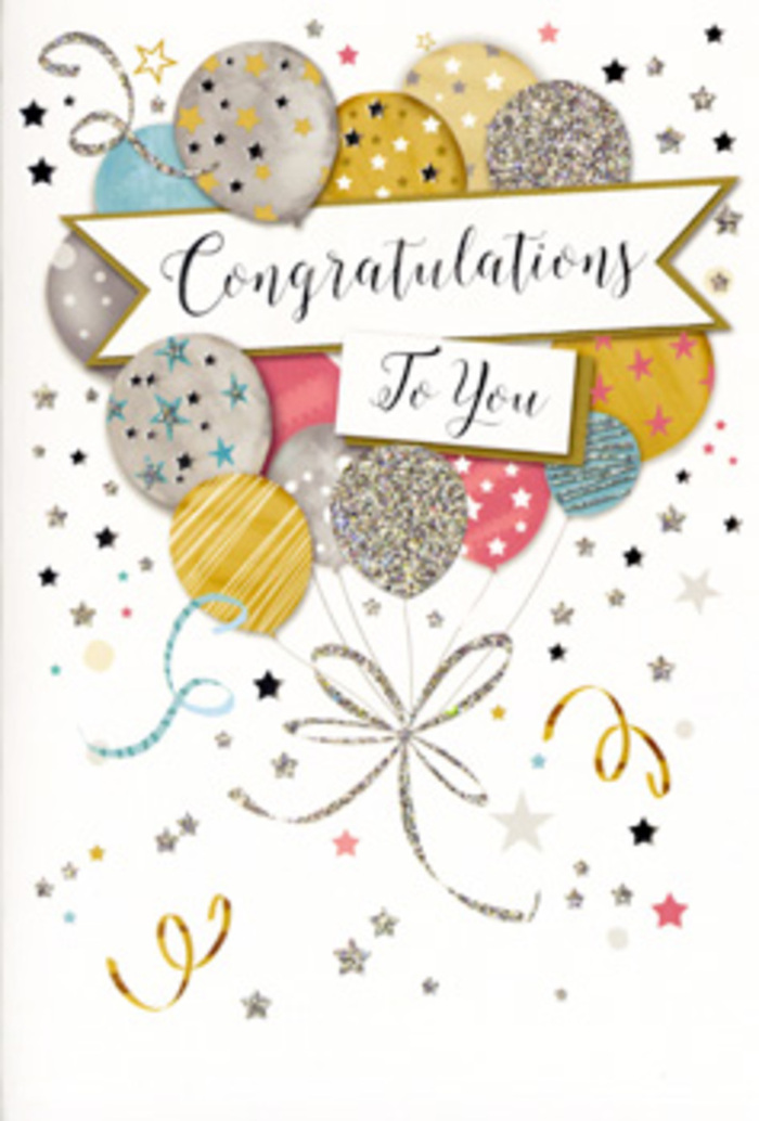 In this image, a stylish congratulations card stands slightly open, inviting attention with a design that feels as welcoming as a friendly gathering in Raynes Park. The main illustration shows a cluster of cheerful balloons, grouped together like a hand-tied bouquet. The balloons are rounded and glossy-looking, depicted in harmonious tones of gold, silver, champagne, soft blue, blush pink, and gentle grey, with each shade blending smoothly into the next. Fine detailing gives each balloon character: some are scattered with tiny metallic stars, others glitter softly, and a few are wrapped in slim stripes, creating the effect of gentle movement, much like balloons swaying near a window overlooking nearby Cannon Hill Common. Delicate ribbons trail from the base of the cluster, curling in long, elegant loops that gather near the bottom of the design without appearing heavy. The background is light and airy, sprinkled here and there with dainty starbursts, dots of confetti, and playful swirls that mimic the carefree mood of a surprise party. Across the centre, a graceful banner unfurls horizontally, bearing the words Congratulations To You in refined, flowing calligraphy that feels personal and heartfelt. The composition is balanced and uncluttered, allowing the metallic highlights and pastel colours to breathe. As a florist familiar with celebrations across Raynes Park, this card brings to mind the perfect finishing touch to accompany a fresh arrangement-ideal for honouring important milestones, from exam successes and promotions to new homes-conveying pride and joy in a way that is polished, warm, and quietly exuberant.