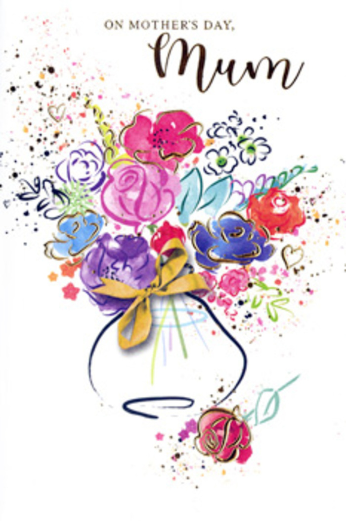 Illustrated Mother's Day card presenting an exuberant, painterly bouquet that seems to dance across the page. Hot pinks, rich magentas, sunny apricots, and cool indigo notes blend together in layered strokes, giving the impression of a hand-tied arrangement captured in motion, as if just carried home from a florist in Raynes Park. The petals are formed with swift, gestural marks, allowing colours to bleed into each other in a way that suggests softness and fragrance rather than strict realism. Flickers of bright chartreuse hint at leaves and stems, peeking between blossoms and keeping the composition lively, like glimpses of gardens tucked behind terraced houses and side streets off Coombe Lane. Fine lines of shimmering gold delicately outline some petals and edges, lending a quiet, glowing quality that calls to mind the warmth of a mother's embrace. At the base of the bouquet, a simple, whimsical vase painted in calm blues and neutral washes supports the floral flurry, its neck encircled with a neat golden bow, reminiscent of the ribbons tied by Flowers Raynes Park around special Mother's Day deliveries. Around the main cluster, cheerful specks of paint and the occasional heart motif drift outward across the white background, evoking confetti, scattered petals, or the happy blur of a busy family kitchen on a celebratory morning. The overall effect is rich with emotion yet light on the eye, turning the card into more than a greeting: it becomes a keepsake image of love, gratitude, and the beautiful, sometimes chaotic, always cherished relationship between a mum and her family.
