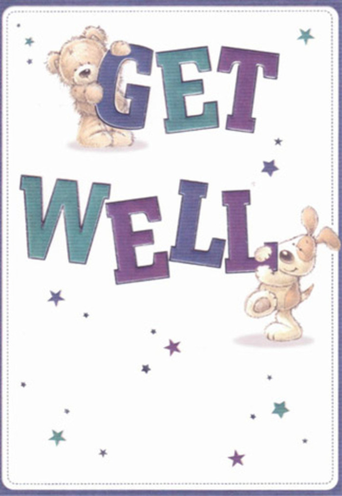 Soft encouragement and vibrant optimism dance through this get well card, where a smiling bear and a floppy-eared puppy share centre stage among a scattering of joyful stars. The typography is strong and confident, bathed in gradients of purple and aqua-colours that echo the playful spirit of local Raynes Park community events in Holland Gardens. One can almost feel the plush texture of the bear's fur and the velvety smoothness of the puppy's ears, depicted with such realism it brings the illustration to life with soothing comfort. Starbursts flit throughout the backdrop, carrying wishes of healing like petals caught on a gentle breeze. The creamy white background imparts an airy lightness, akin to a bouquet delivered by hand from Flowers Raynes Park and placed with care beside a favourite armchair. Each compositional detail is intentional-just as with a tailor-made arrangement crafted for a loved one's recovery-ensuring that the mood is hopeful, sincere, and universally welcoming. This card, much like the best floral gifts in Raynes Park, serves to uplift and reassure, its charm bridging generations.